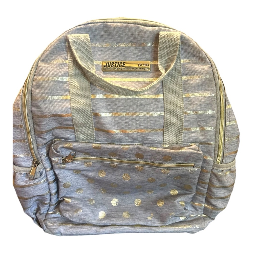 Justice Backpack Gray & Gold Striped‎ Polka Dot Est. 2004 Multi Compartment